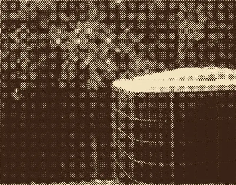 An outdoor air conditioning unit beside a hedge, printed as a halftone