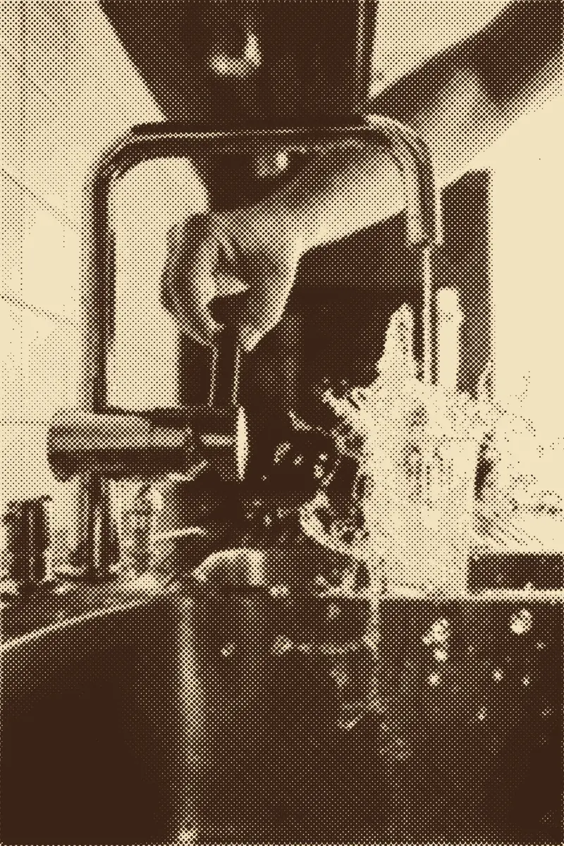 A hand turning on a kitchen faucet, printed as a halftone