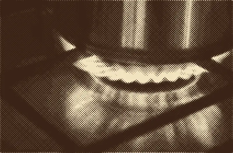 A gas burner flame, printed as an orange and brown halftone