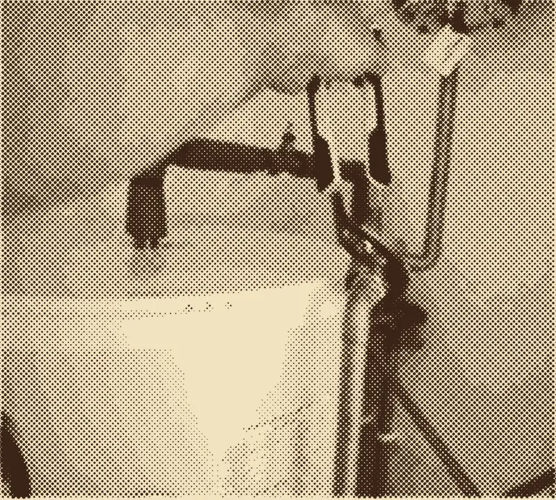 A plumber tightening a fitting on a water heater, printed as a halftone
